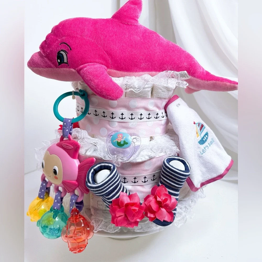 Nautical Dolphin Baby Girl Diaper Cake